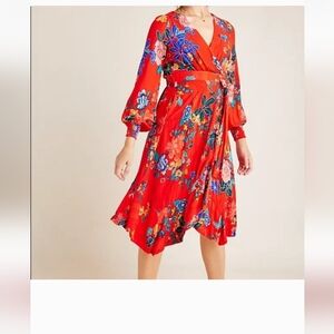 Anthropologie Red Floral Wrap Dress